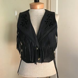 Women’s Leather Fringed Vest with Rose Cutouts